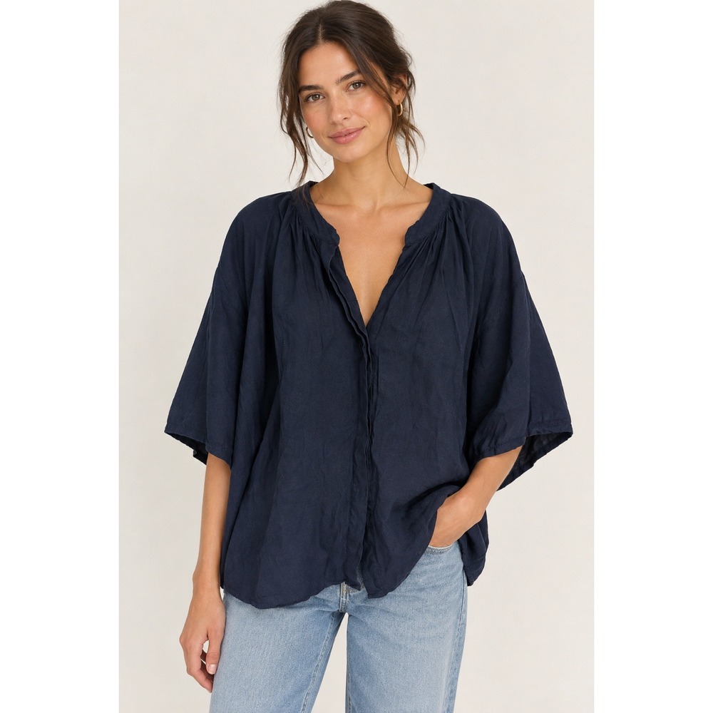 Vince Navy Blue Linen-Blend Button-Front Relaxed Tunic Top Size 3X Quiet Luxury